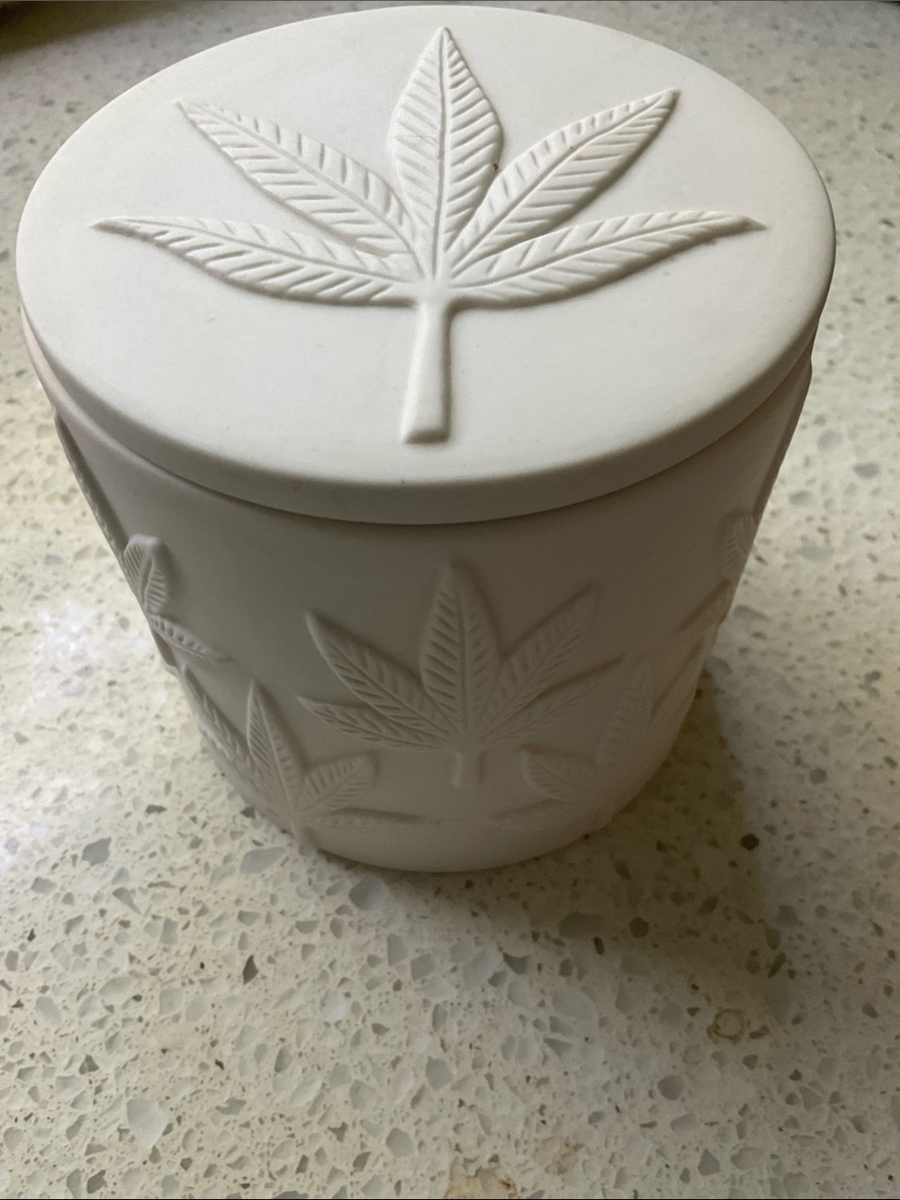 Jonathan Adler White Bisque Cannabis Leaf Cannister AS IS *Stained*